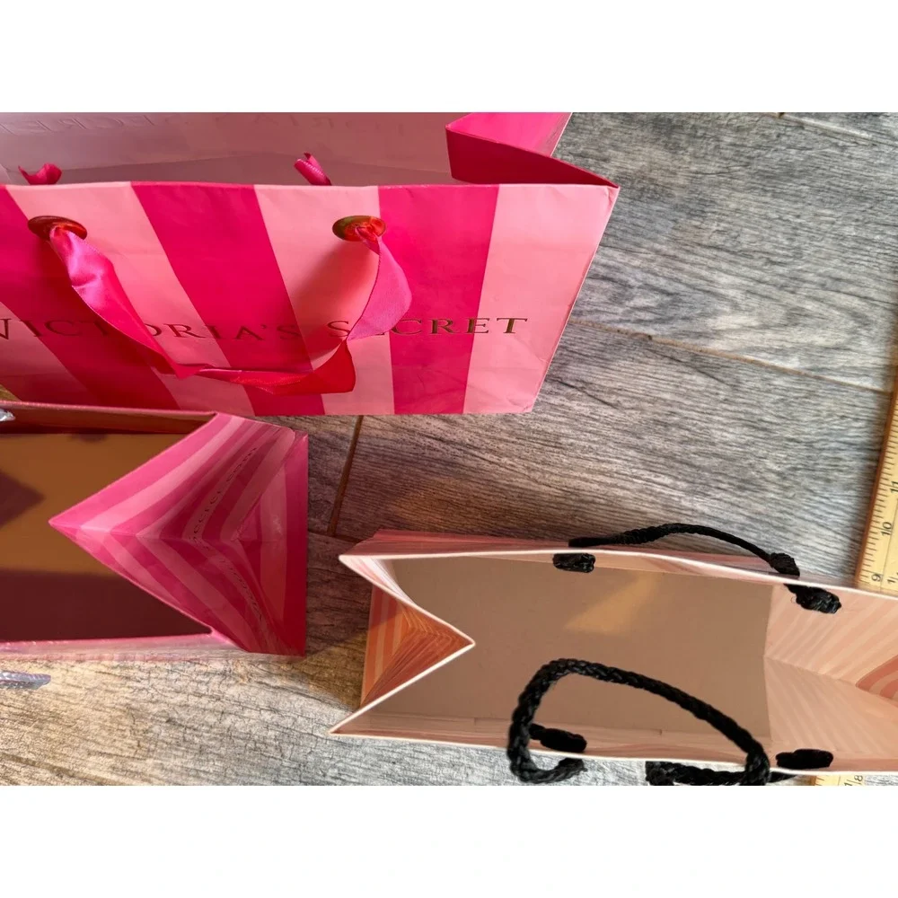 Victoria's Secret Gift Bags Set of 3 Pink Striped Lingerie Paper Bag Tote Ribbon